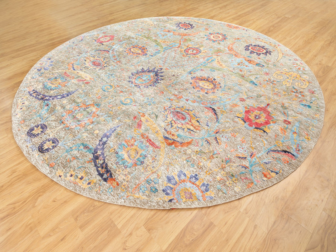 12'0" x 12'0" New Hand Knotted Beige Wool & Silk Round Oriental Rug - MOA10258965