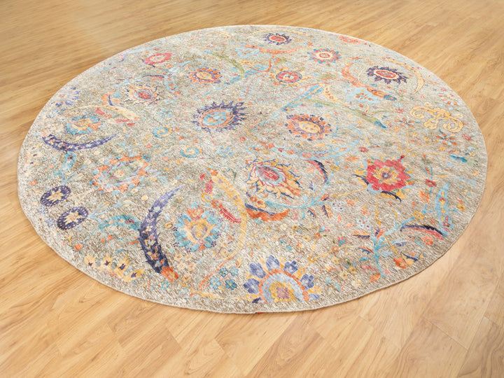 12'0" x 12'0" New Hand Knotted Beige Wool & Silk Round Oriental Rug - MOA10258965