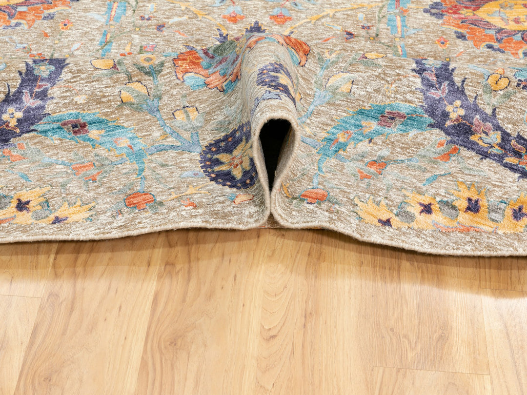 12'0" x 12'0" New Hand Knotted Beige Wool & Silk Round Oriental Rug - MOA10258965