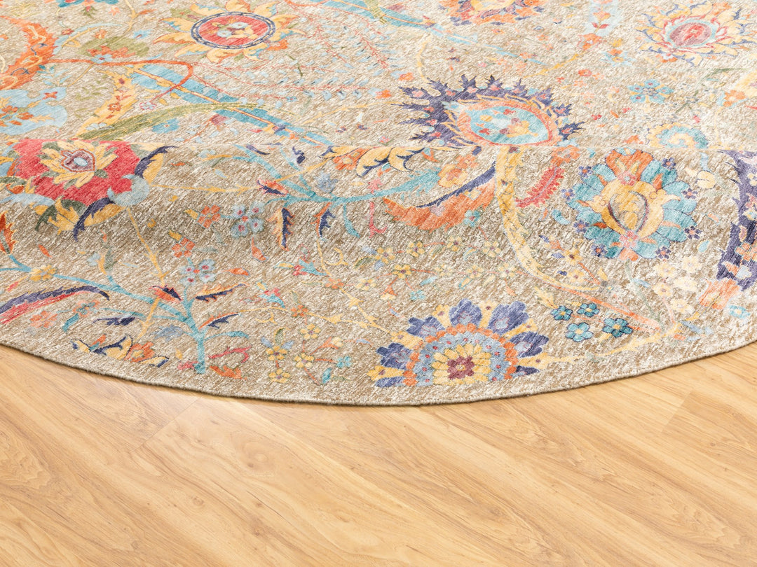 12'0" x 12'0" New Hand Knotted Beige Wool & Silk Round Oriental Rug - MOA10258965