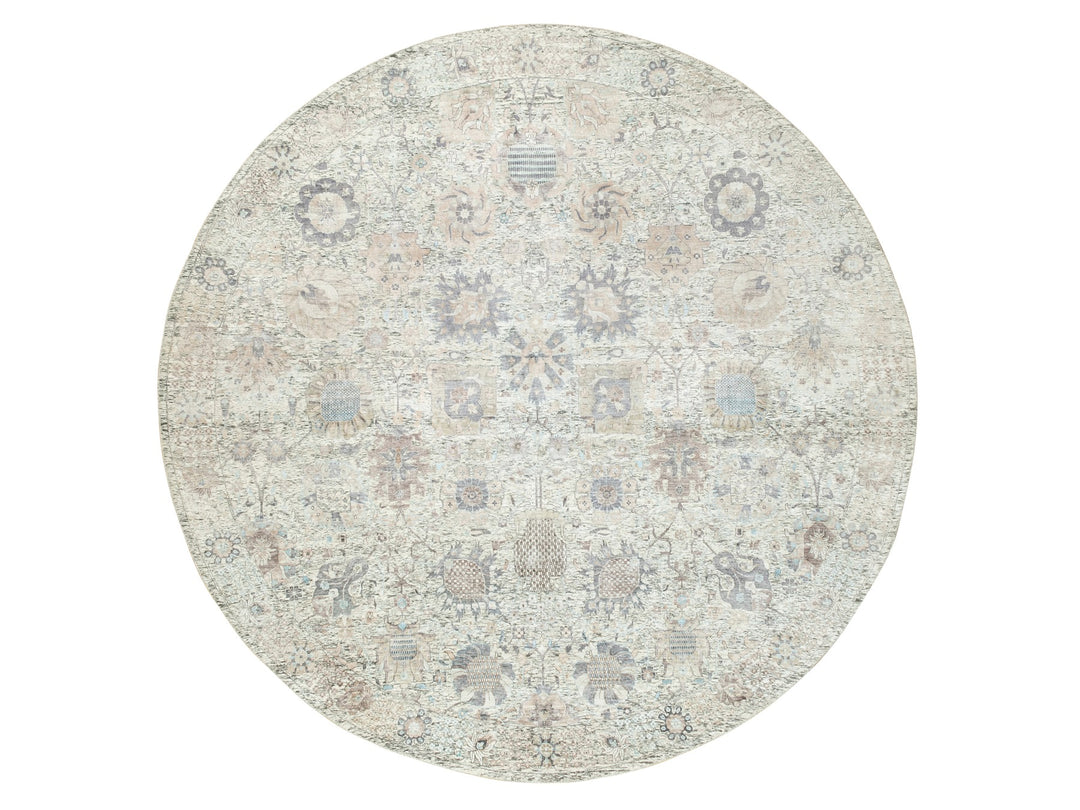 11'10" x 11'10" New Hand Knotted Ivory Wool & Silk Round Oriental Rug - MOA10258979
