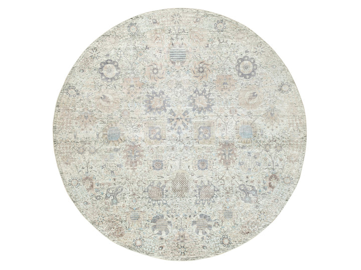 11'10" x 11'10" New Hand Knotted Ivory Wool & Silk Round Oriental Rug - MOA10258979