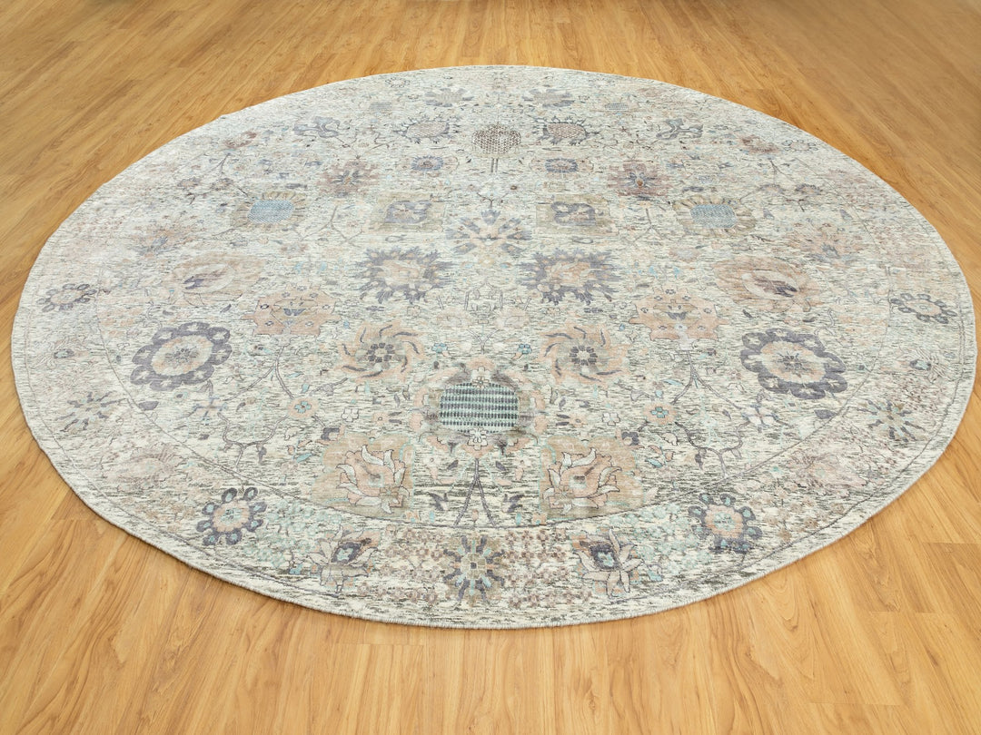 11'10" x 11'10" New Hand Knotted Ivory Wool & Silk Round Oriental Rug - MOA10258979