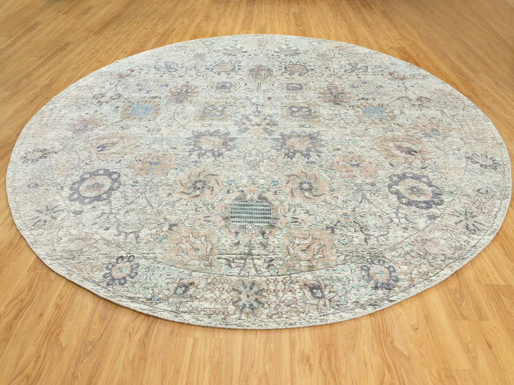 11'10" x 11'10" New Hand Knotted Ivory Wool & Silk Round Oriental Rug - MOA10258979