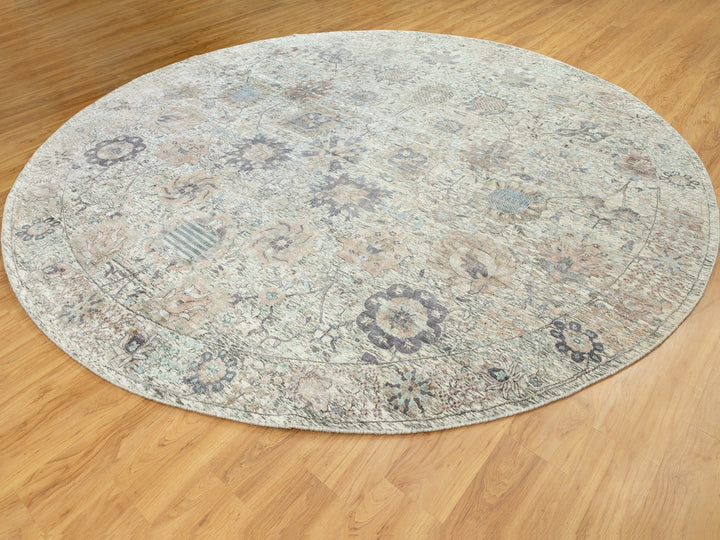 11'10" x 11'10" New Hand Knotted Ivory Wool & Silk Round Oriental Rug - MOA10258979