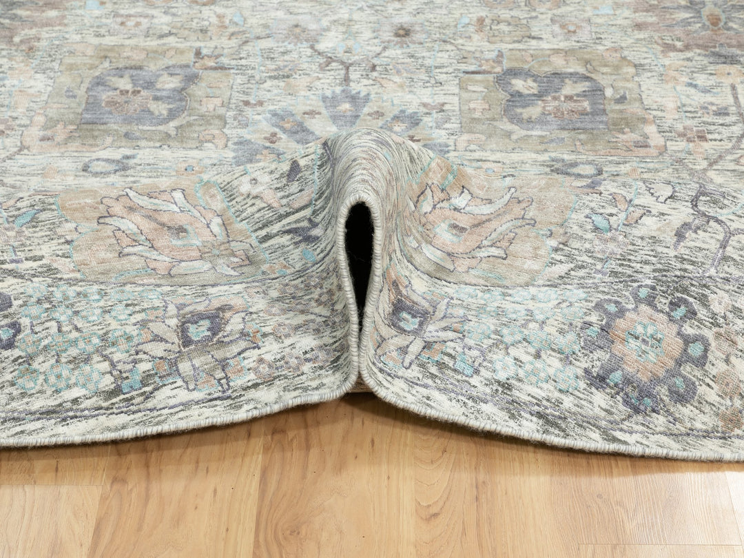 11'10" x 11'10" New Hand Knotted Ivory Wool & Silk Round Oriental Rug - MOA10258979