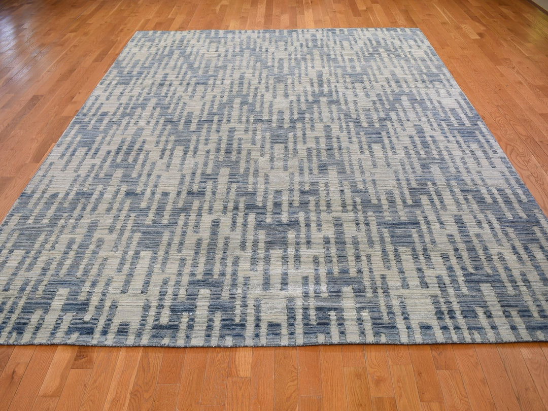 9'0" x 12'0" New Hand Knotted Beige Wool & Pure Silk Rectangle Oriental Rug - MOA10259003