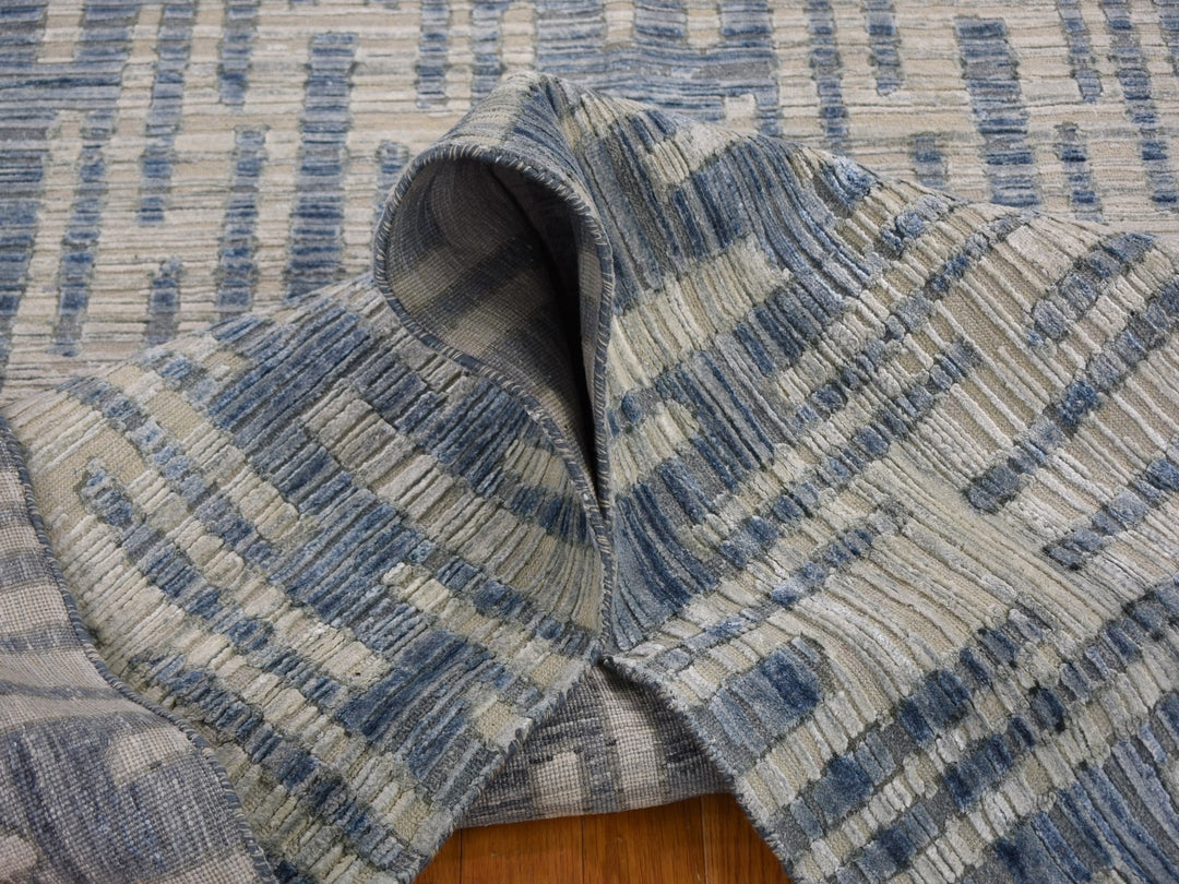 9'0" x 12'0" New Hand Knotted Beige Wool & Pure Silk Rectangle Oriental Rug - MOA10259003