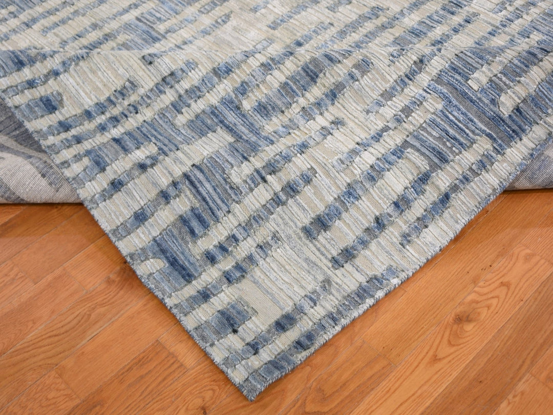 9'0" x 12'0" New Hand Knotted Beige Wool & Pure Silk Rectangle Oriental Rug - MOA10259003