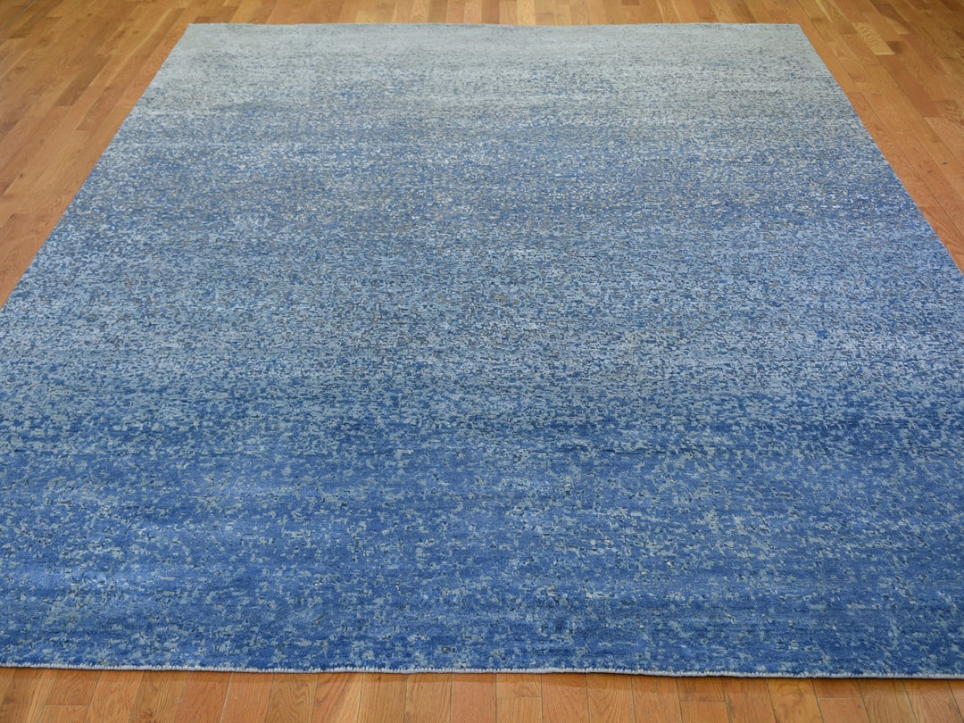 9'0" x 12'0" New Hand Knotted Blue Wool & Pure Silk Rectangle Oriental Rug - MOA10259007