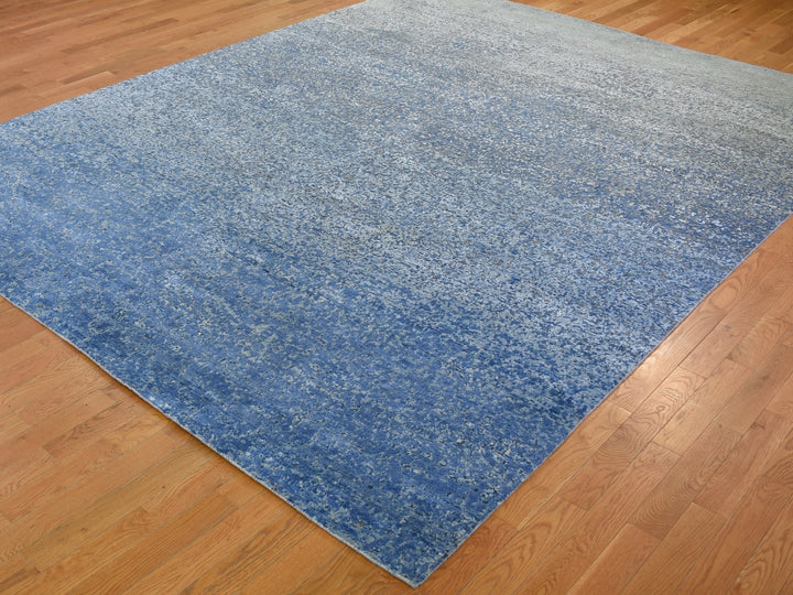 9'0" x 12'0" New Hand Knotted Blue Wool & Pure Silk Rectangle Oriental Rug - MOA10259007