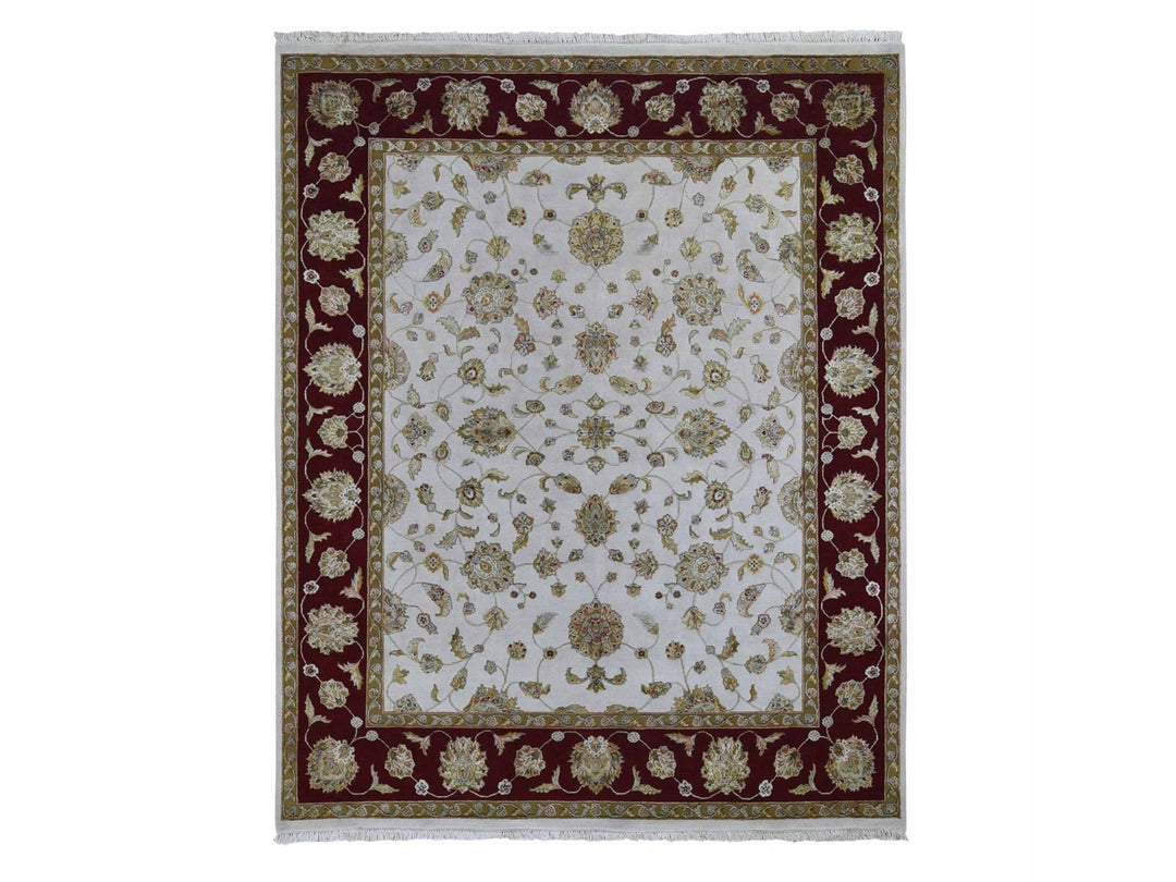 8'0" x 10'0" New Hand Knotted Ivory Wool & Silk Rectangle Oriental Rug - MOA10259009