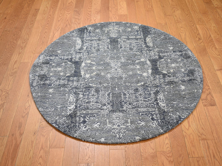 4'0" x 4'0" New Hand Knotted Grey Wool & Silk Round Oriental Rug - MOA10259025