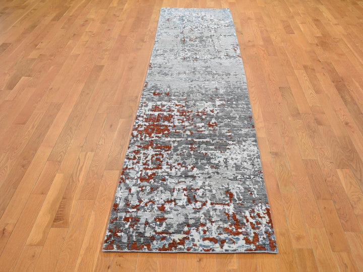 2'5" x 12'0" New Hand Knotted Grey Wool & Silk Runner Oriental Rug - MOA10259043