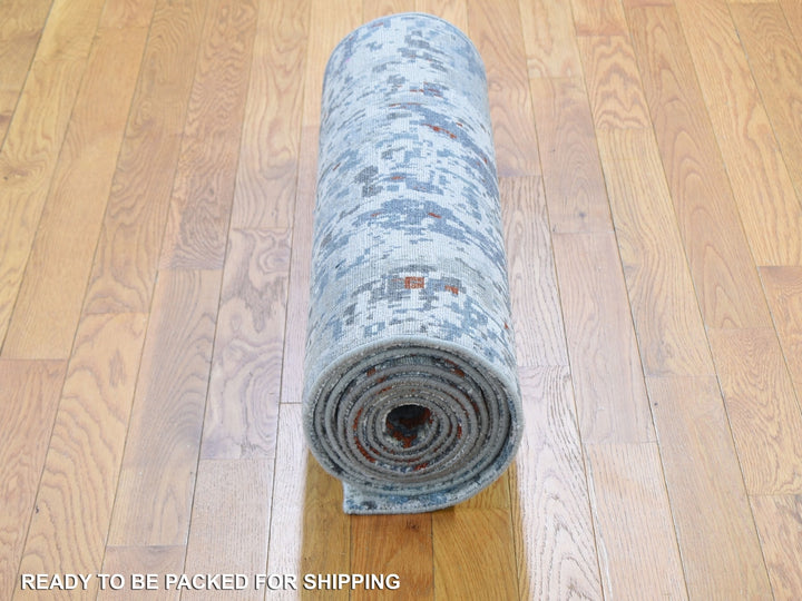 2'5" x 12'0" New Hand Knotted Grey Wool & Silk Runner Oriental Rug - MOA10259043