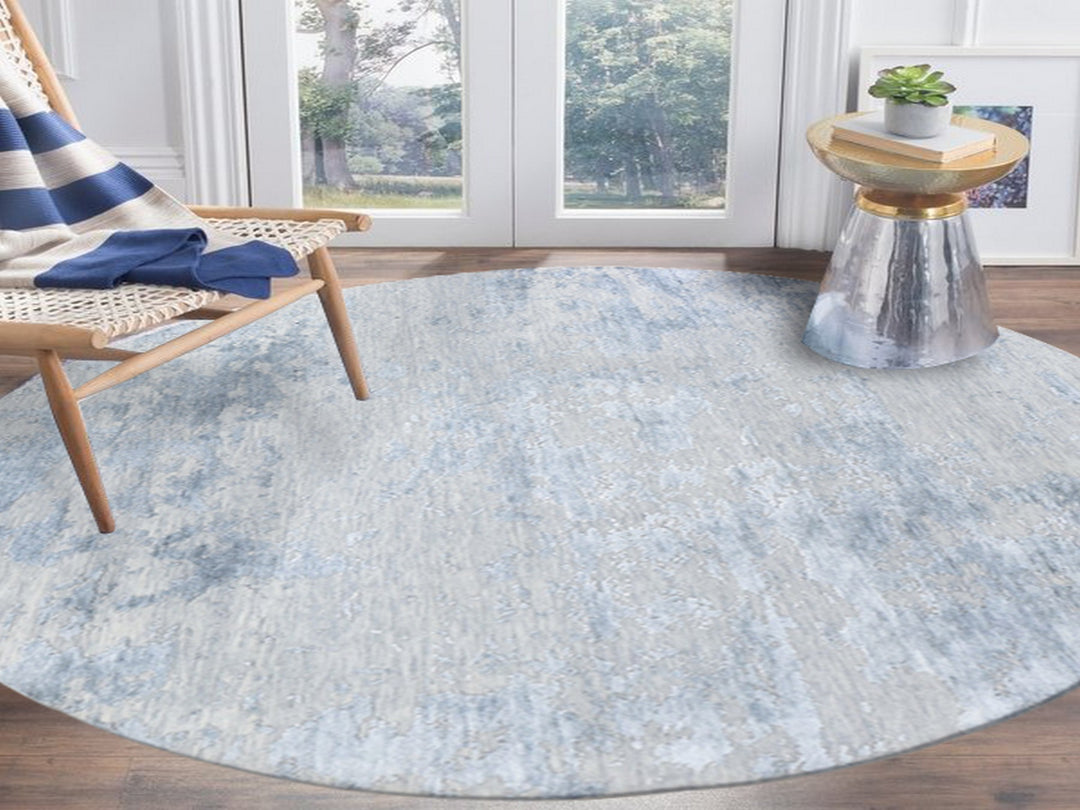 7'10" x 7'10" New Hand Knotted Grey Wool & Silk Round Oriental Rug - MOA10259053