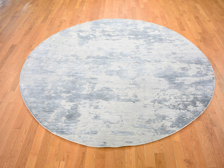 7'10" x 7'10" New Hand Knotted Grey Wool & Silk Round Oriental Rug - MOA10259053