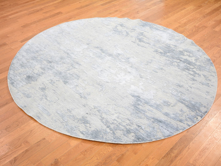 7'10" x 7'10" New Hand Knotted Grey Wool & Silk Round Oriental Rug - MOA10259053