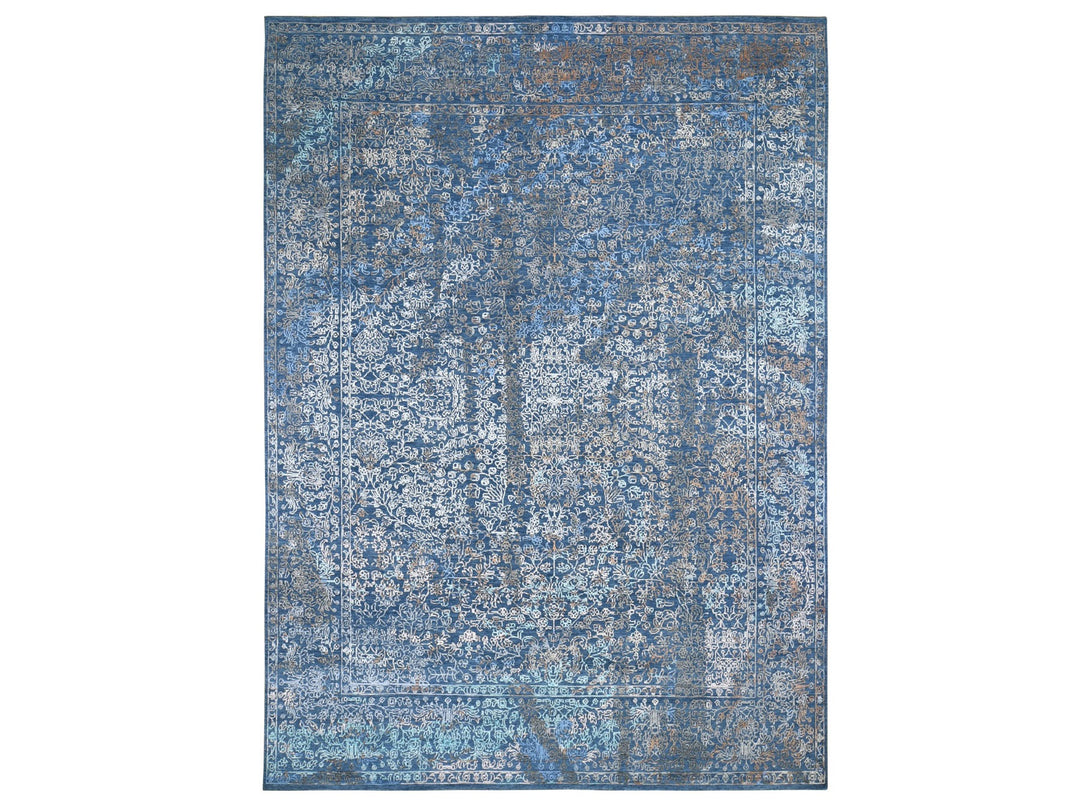 9'0" x 12'0" New Hand Knotted Blue Wool & Silk Rectangle Oriental Rug - MOA10259057