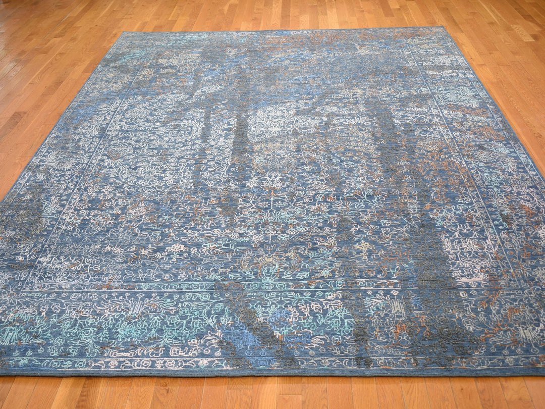 9'0" x 12'0" New Hand Knotted Blue Wool & Silk Rectangle Oriental Rug - MOA10259057