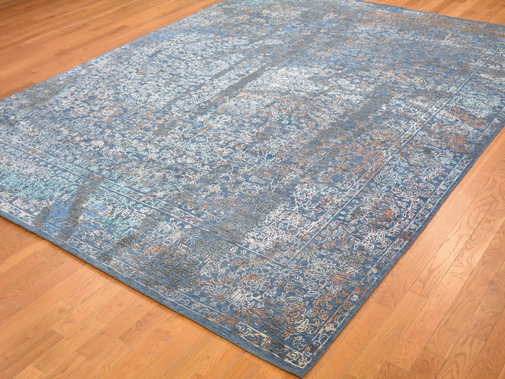 9'0" x 12'0" New Hand Knotted Blue Wool & Silk Rectangle Oriental Rug - MOA10259057