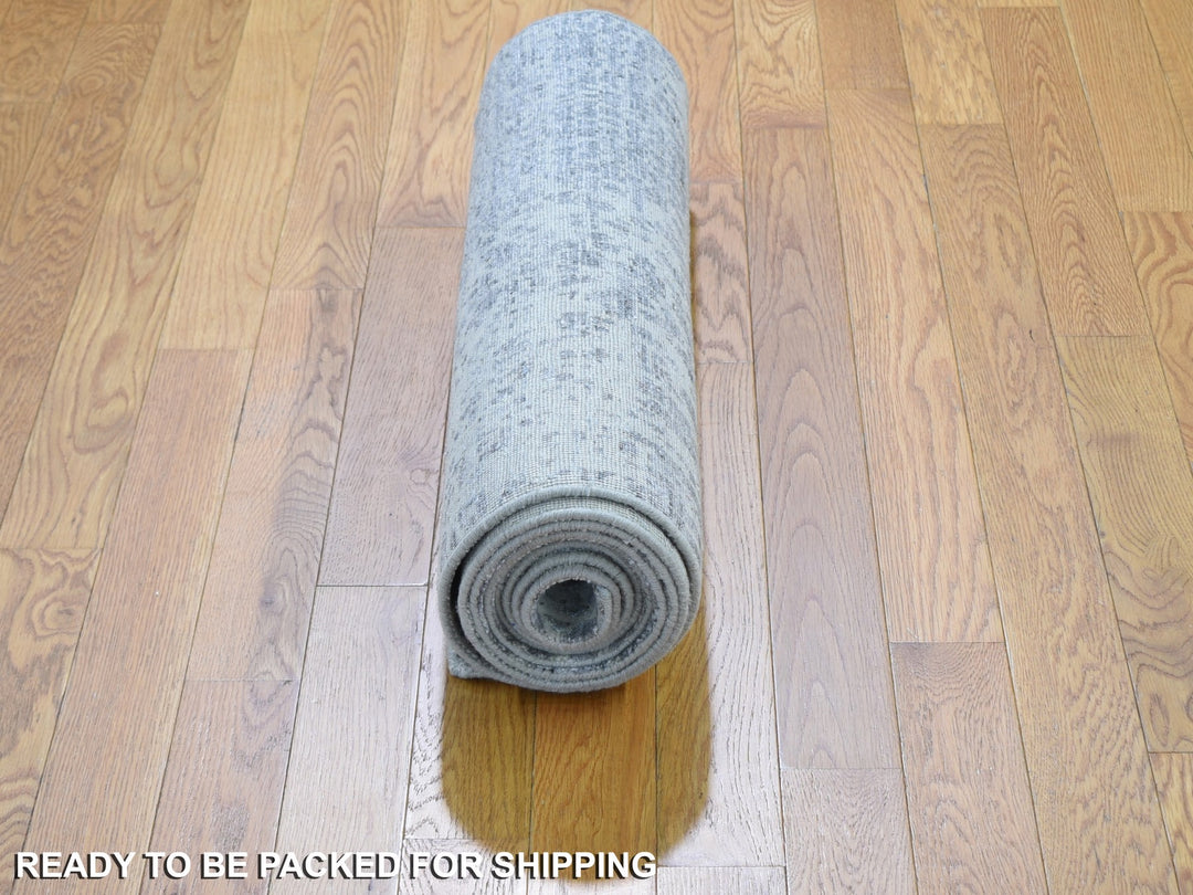 2'5" x 10'1" New Hand Knotted Grey Wool & Silk Runner Oriental Rug - MOA10259080