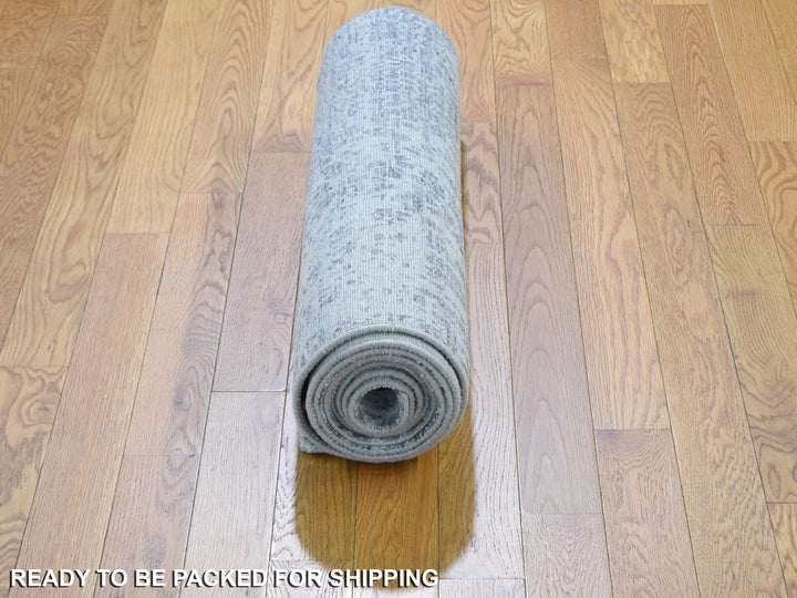 2'5" x 10'1" New Hand Knotted Grey Wool & Silk Runner Oriental Rug - MOA10259080