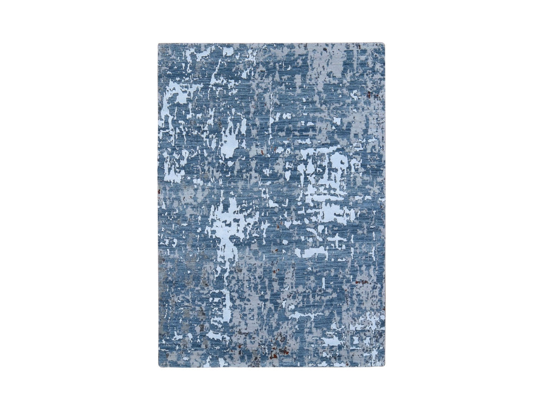 4'0" x 6'0" New Hand Knotted Blue Wool & Silk Rectangle Oriental Rug - MOA10259082