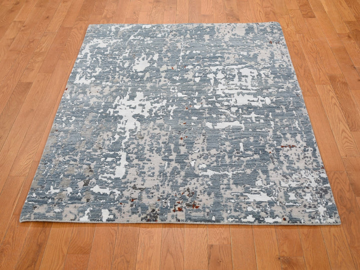 4'0" x 6'0" New Hand Knotted Blue Wool & Silk Rectangle Oriental Rug - MOA10259082