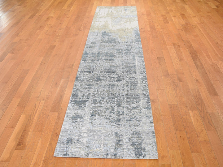 2'6" x 12'4" New Hand Knotted Grey Wool & Silk Runner Oriental Rug - MOA10259113