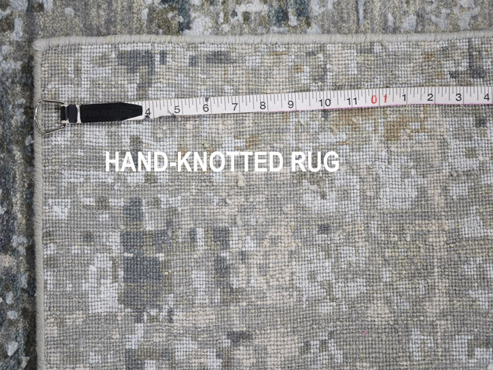 2'6" x 12'4" New Hand Knotted Grey Wool & Silk Runner Oriental Rug - MOA10259113