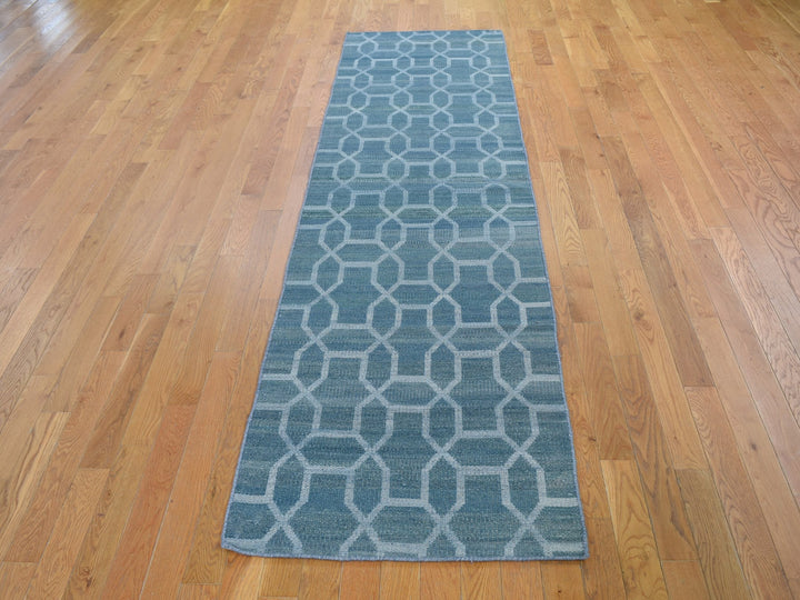 2'7" x 9'8" New Hand Woven Blue Wool Runner Oriental Rug - MOA10259118