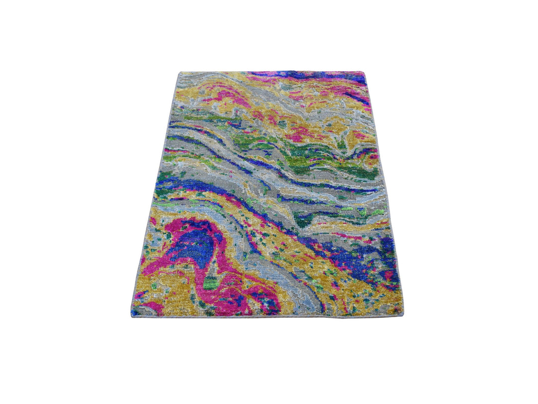 2'0" x 3'0" New Hand Knotted Grey Wool & Silk Rectangle Oriental Rug - MOA10259124