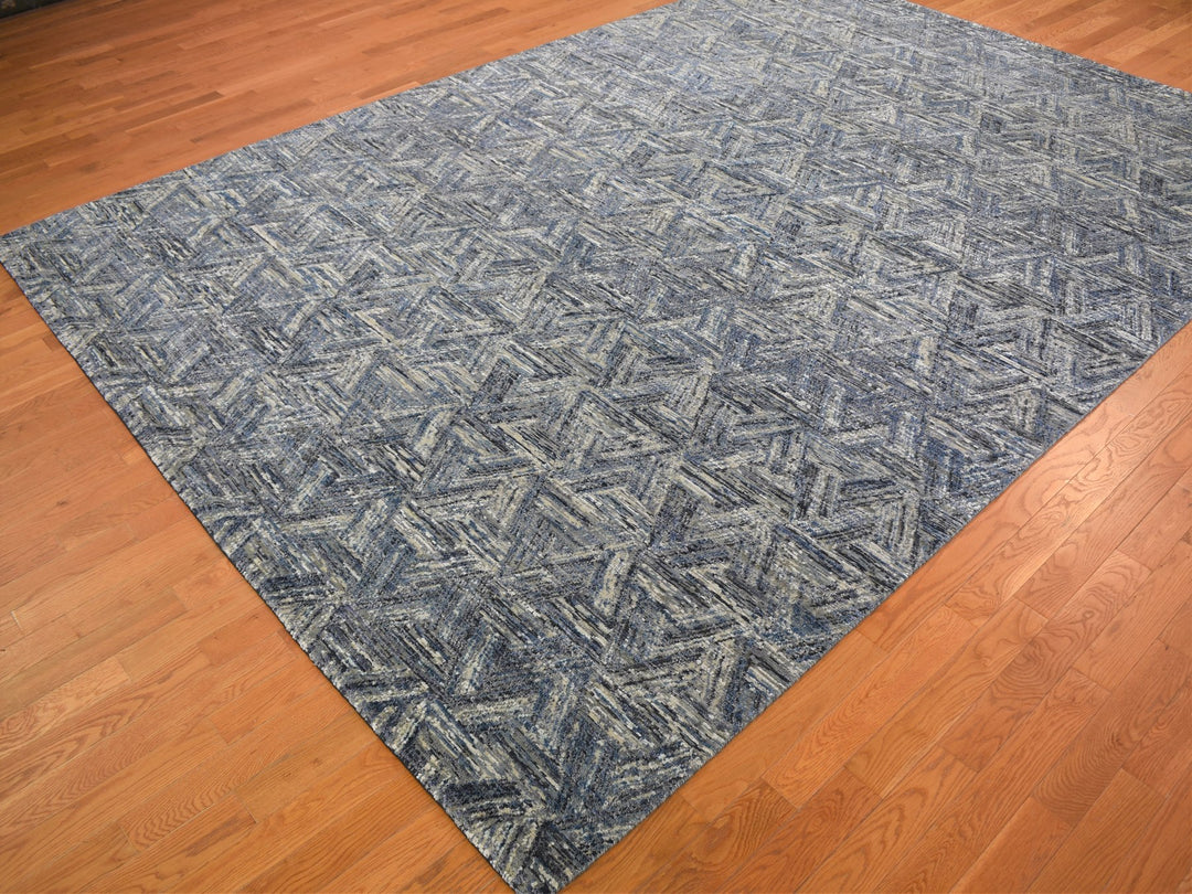 8'9" x 12'3" New Hand Knotted Blue Wool & Silk Rectangle Oriental Rug - MOA10259140