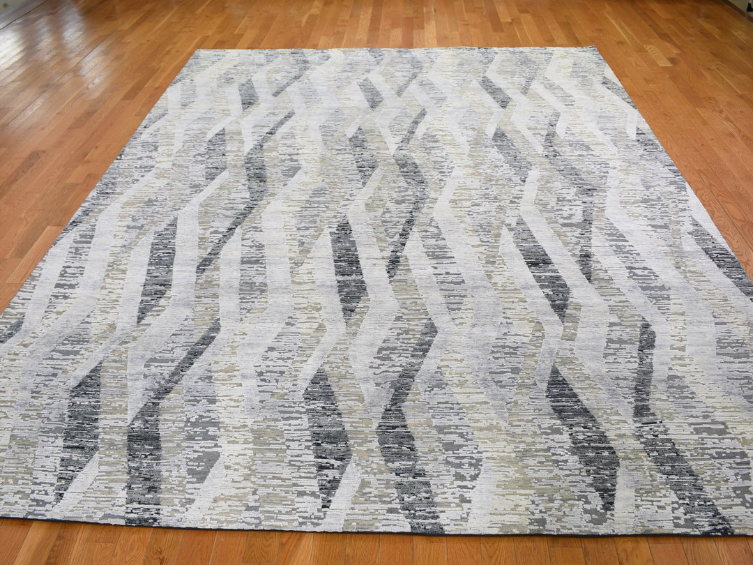 9'0" x 12'0" New Hand Knotted Grey Wool & Silk Rectangle Oriental Rug - MOA10259144