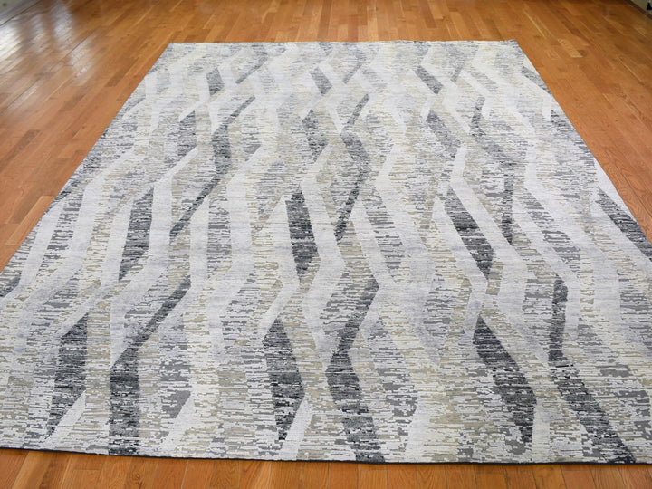 9'0" x 12'0" New Hand Knotted Grey Wool & Silk Rectangle Oriental Rug - MOA10259144