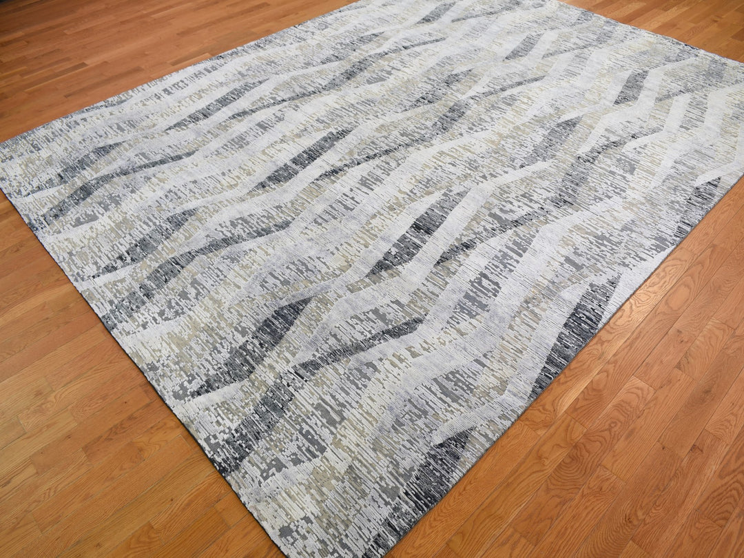 9'0" x 12'0" New Hand Knotted Grey Wool & Silk Rectangle Oriental Rug - MOA10259144