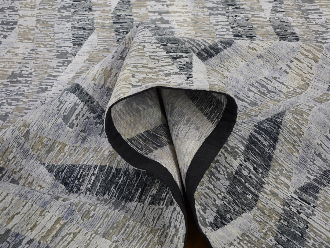 9'0" x 12'0" New Hand Knotted Grey Wool & Silk Rectangle Oriental Rug - MOA10259144