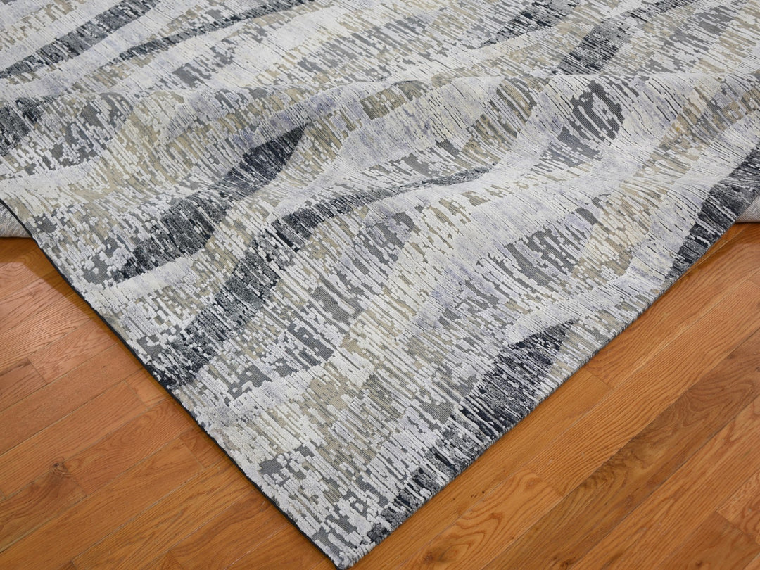 9'0" x 12'0" New Hand Knotted Grey Wool & Silk Rectangle Oriental Rug - MOA10259144