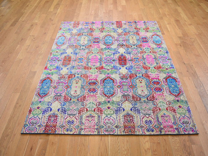 5'0" x 6'10" New Hand Knotted Yellow Wool & Silk Rectangle Oriental Rug - MOA10259152