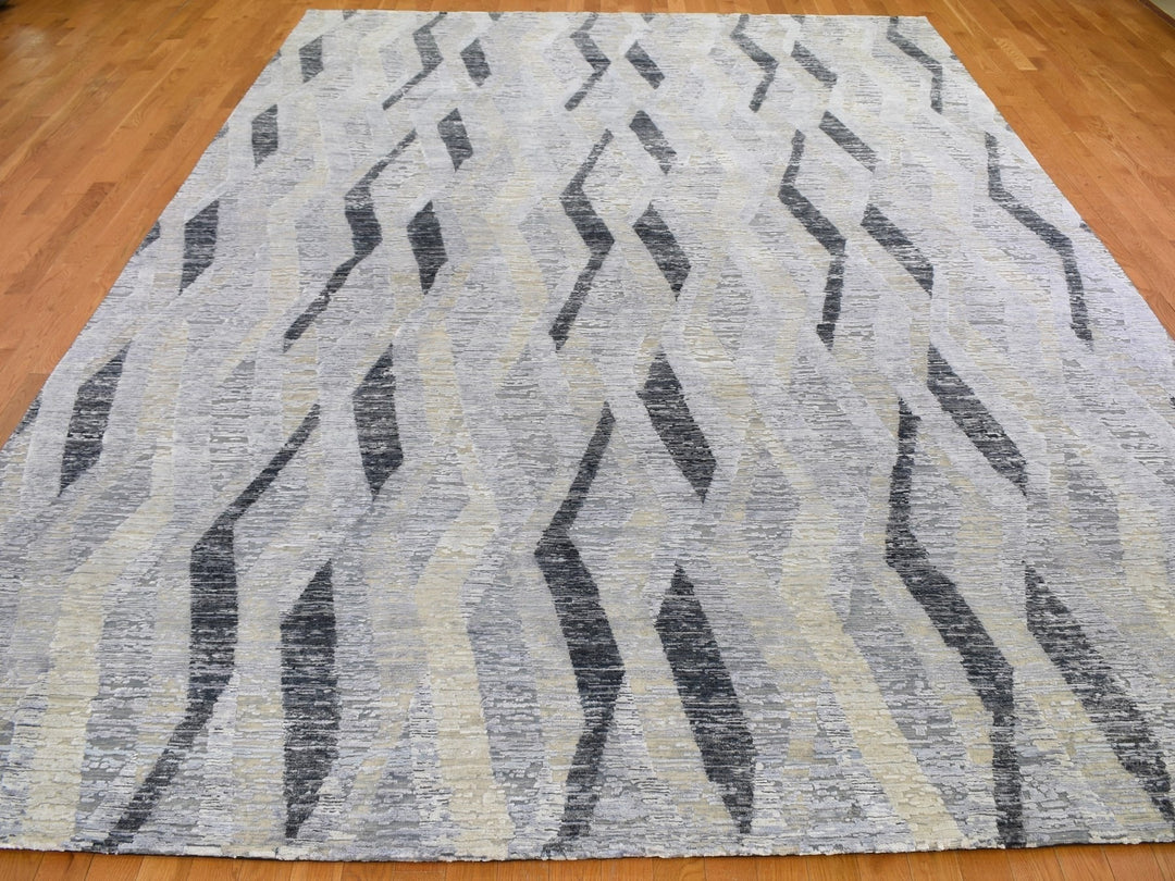 10'0" x 14'0" New Hand Knotted Grey Wool & Silk Rectangle Oriental Rug - MOA10259153