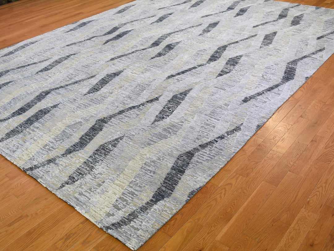 10'0" x 14'0" New Hand Knotted Grey Wool & Silk Rectangle Oriental Rug - MOA10259153