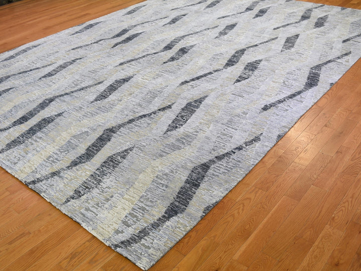 10'0" x 14'0" New Hand Knotted Grey Wool & Silk Rectangle Oriental Rug - MOA10259153