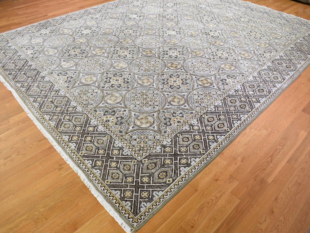 12'0" x 15'5" New Hand Knotted Ivory Wool & Silk Rectangle Oriental Rug - MOA10259154