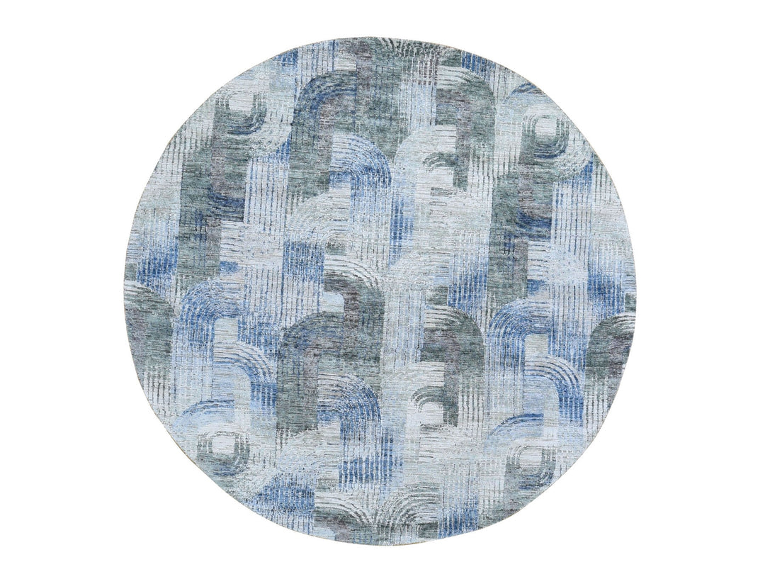 8'0" x 8'0" New Hand Knotted Blue Wool & Silk Round Oriental Rug - MOA10259156