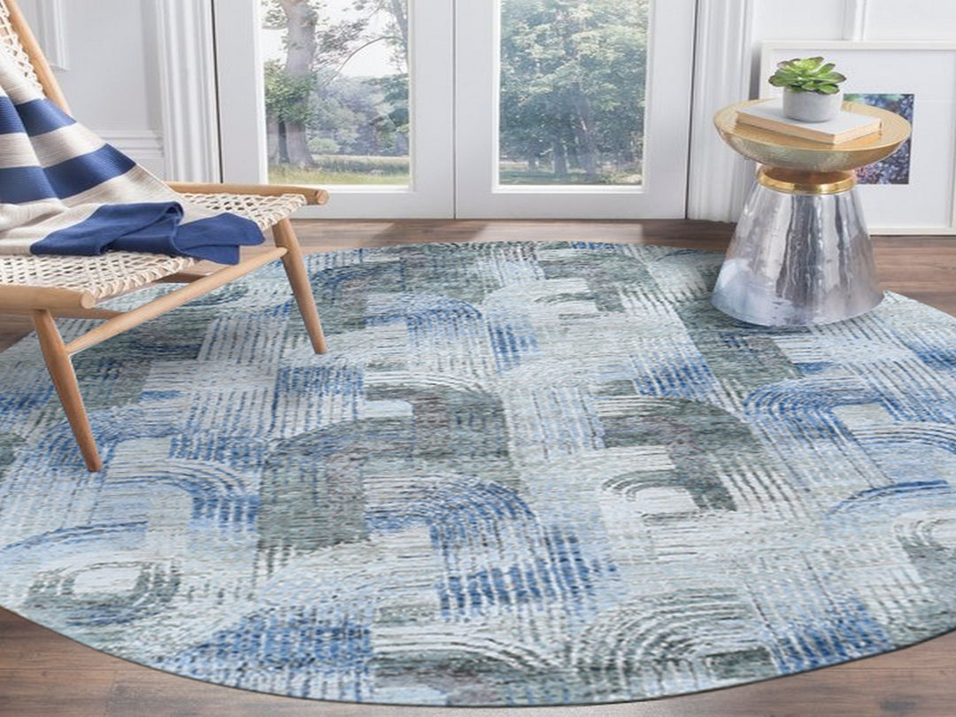 8'0" x 8'0" New Hand Knotted Blue Wool & Silk Round Oriental Rug - MOA10259156