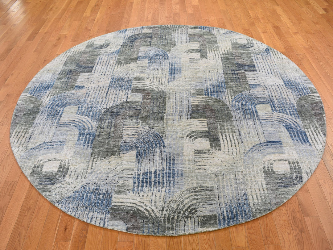 8'0" x 8'0" New Hand Knotted Blue Wool & Silk Round Oriental Rug - MOA10259156