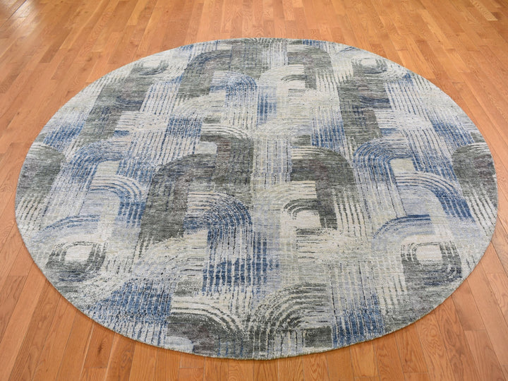 8'0" x 8'0" New Hand Knotted Blue Wool & Silk Round Oriental Rug - MOA10259156
