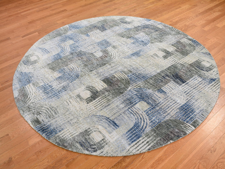 8'0" x 8'0" New Hand Knotted Blue Wool & Silk Round Oriental Rug - MOA10259156
