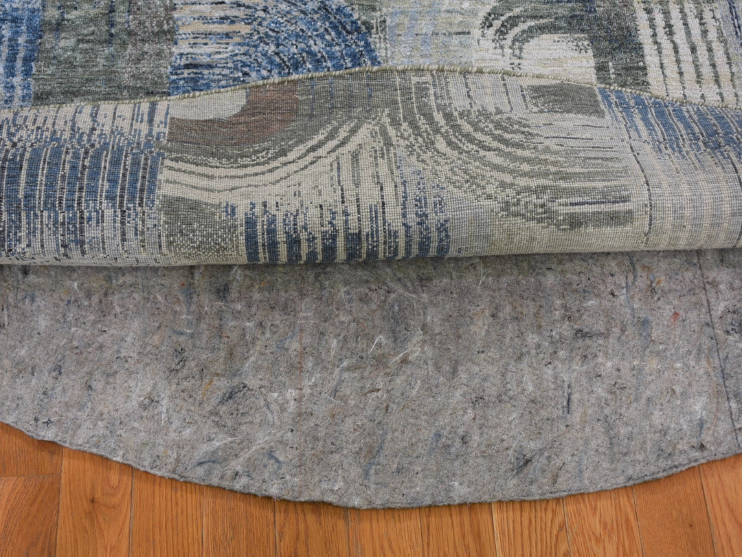 8'0" x 8'0" New Hand Knotted Blue Wool & Silk Round Oriental Rug - MOA10259156